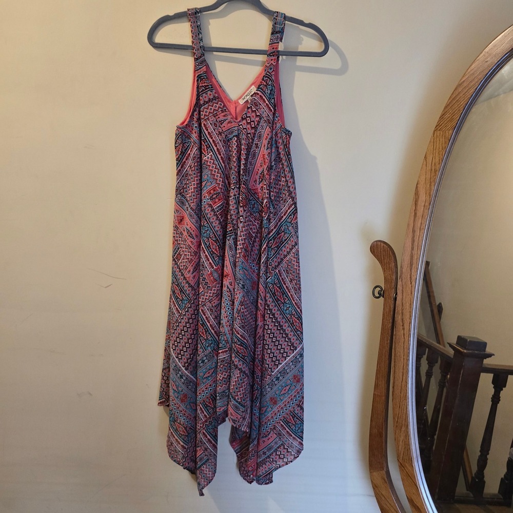 Magic Pink Teal Geometric Handkerchief Hem Boho Midi Dress Womens Medium